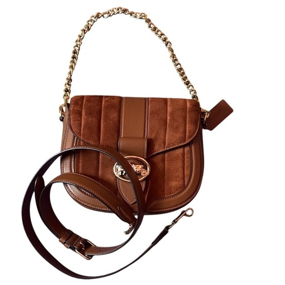 Coach Georgie Saddle Bag Quilting Suede Leather Redwood Shoulder Crossbody - Picture 2 of 7